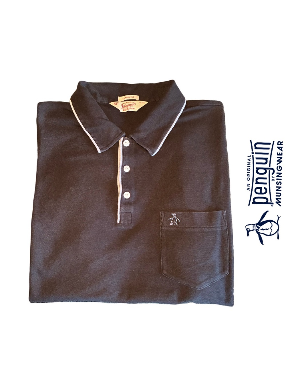 Original Penguin Men's Black Polo with Light Blue Piping + Logo’d Chest Pocket